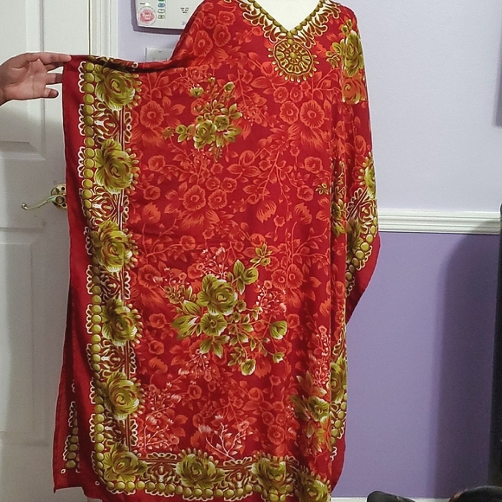 Miss Lavish Boho Red & Gold Floral Maxi Beach Coverup Moo Moo 14/16